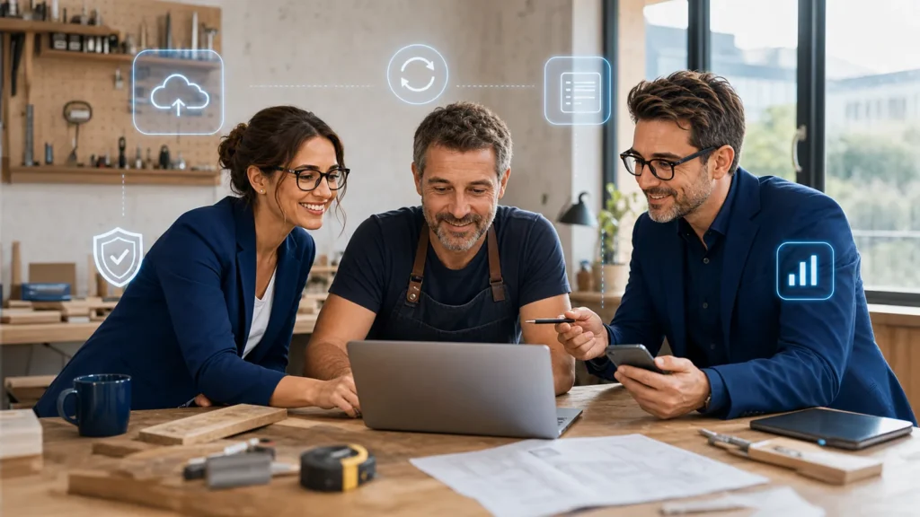 Un artisan échange avec les conseillers GCMA au sujet des sauvegardes, de la sécurité et du suivi de son site internet.