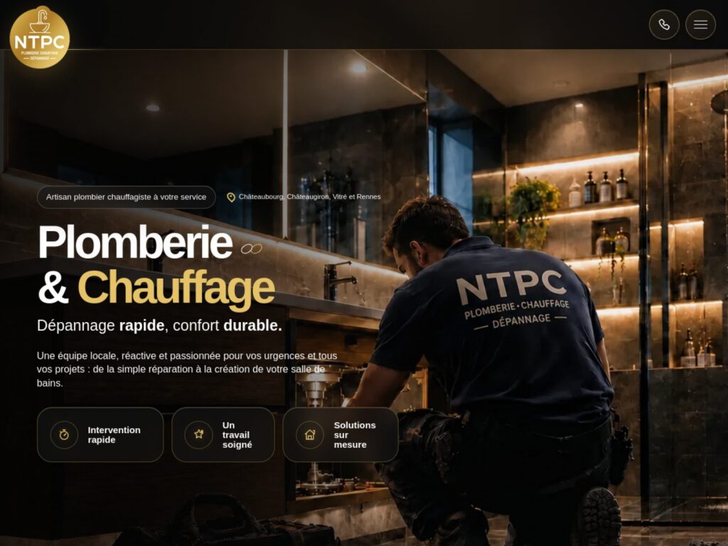 La page d’accueil met en avant la plomberie, le chauffage et le dépannage local.