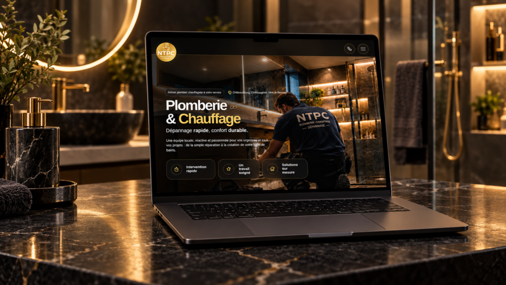 Site internet NTPC Plomberie affiché sur un ordinateur portable dans une salle de bains contemporaine