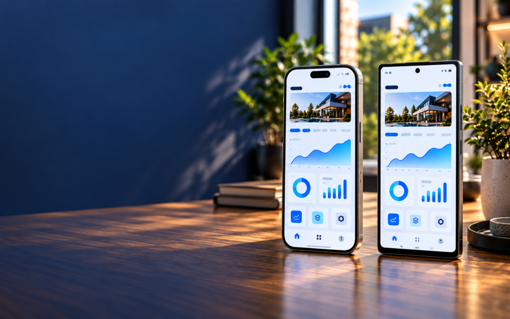 Application professionnelle présentée sur un iPhone et un smartphone Android