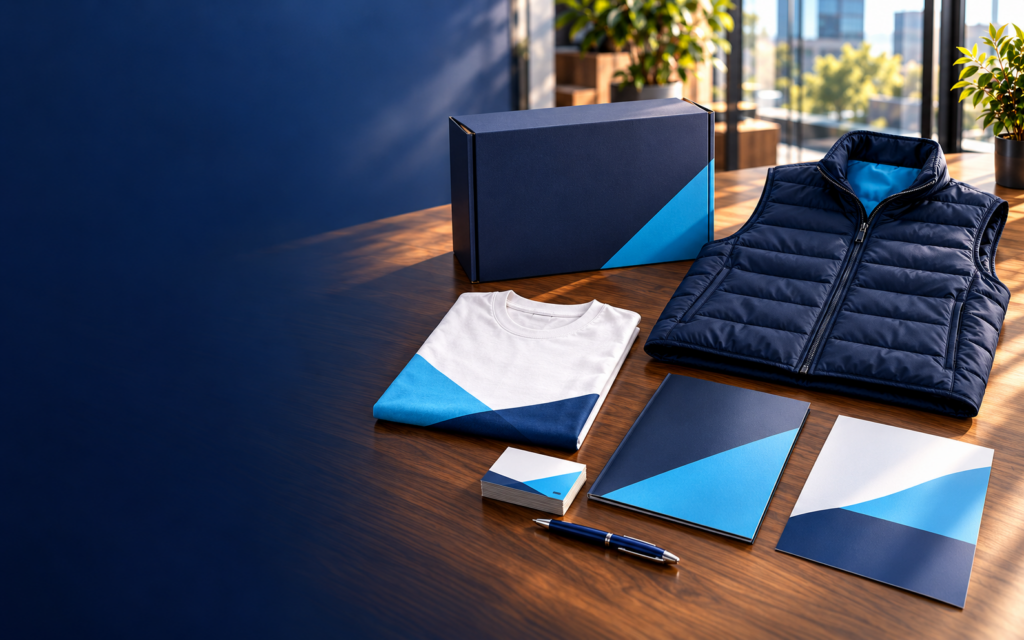 T-shirt, doudoune sans manches, cartes de visite et brochures aux couleurs d’une entreprise
